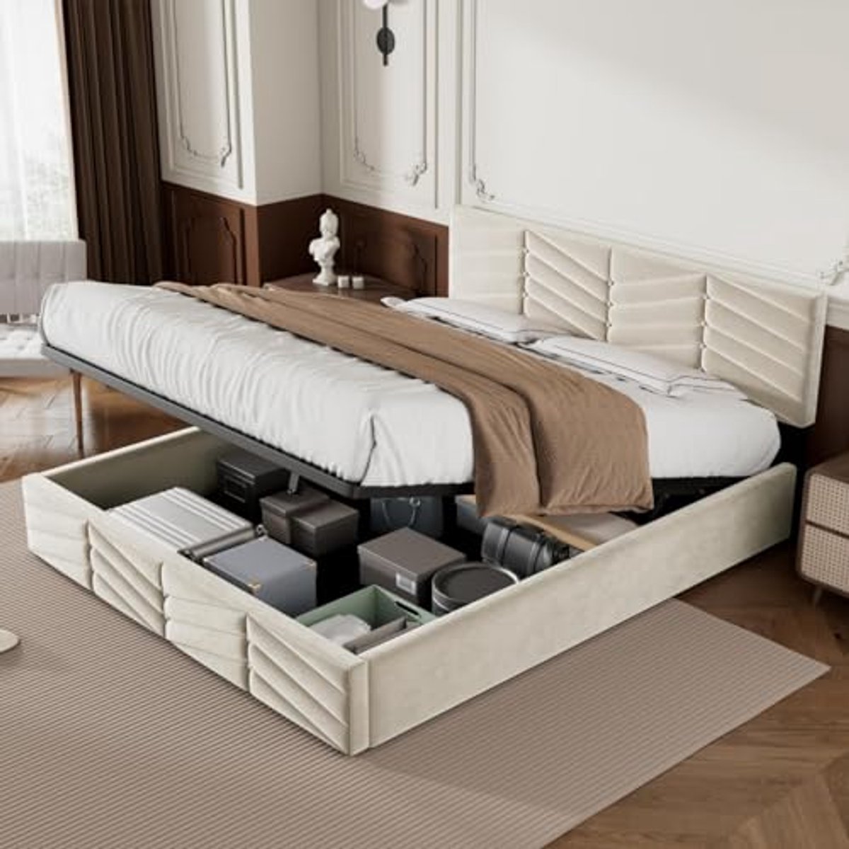 Gecapitonneerd Tweepersoonsbed 160x200 cm met Verstelbaar Hoofdeinde en Hydraulische Functionaliteit - Fluwelen Bedframe in Beige
