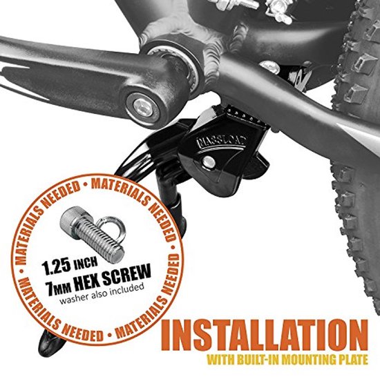 Zwarte fietsstandaard met tekst "INSTALLATION" en "1.25 INCH HEX SCREW".
