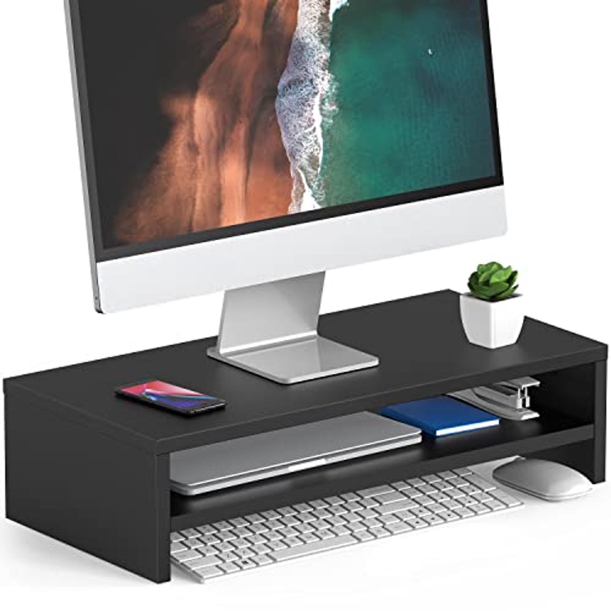 Monitorstandaard met Opbergruimte voor Laptop en Computer, 54 cm Hoogteverstelbaar, Zwart