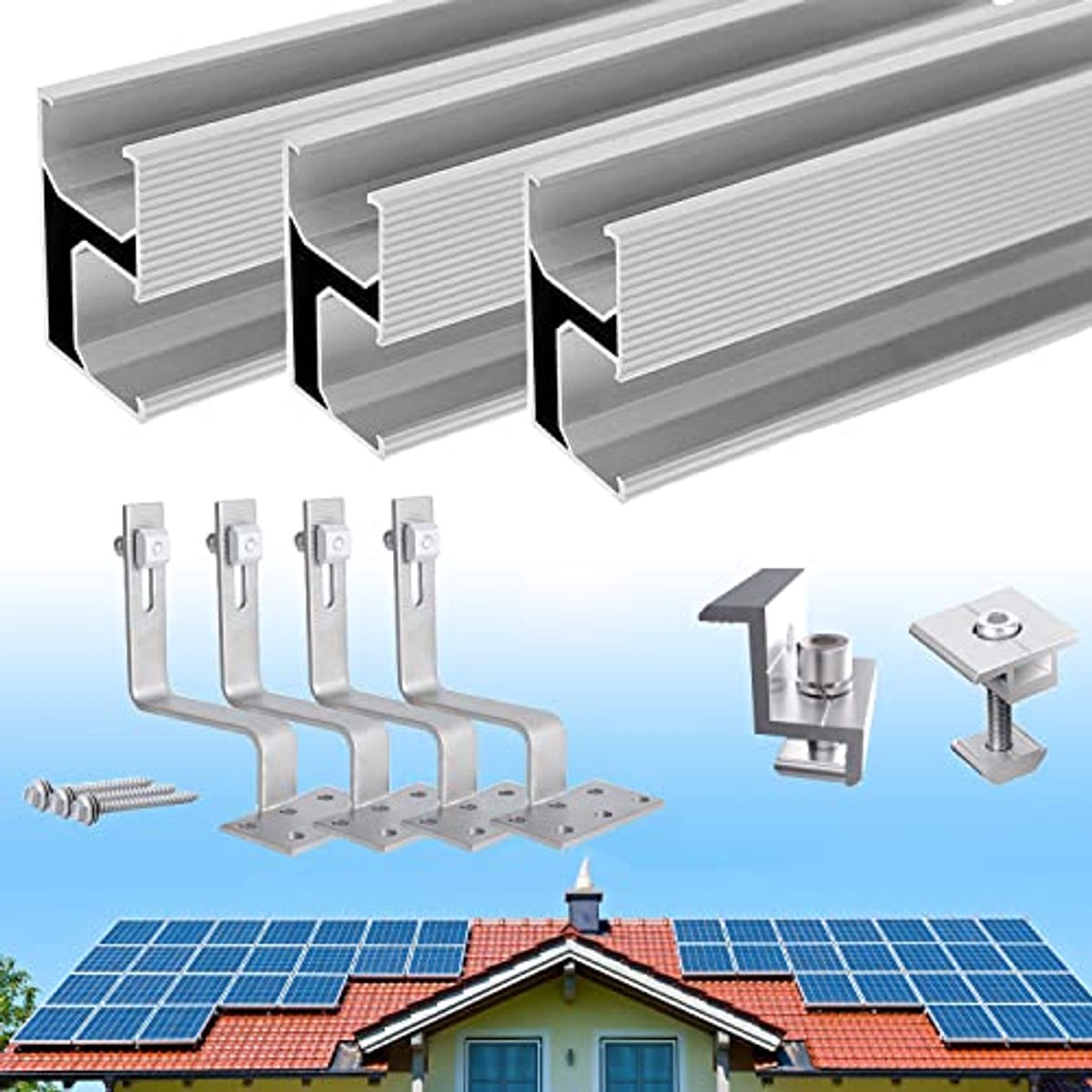 Zonnepaneelhouder voor baksteendak - Aluminium fotovoltaïsche montageset met dakhaken voor 4 modules