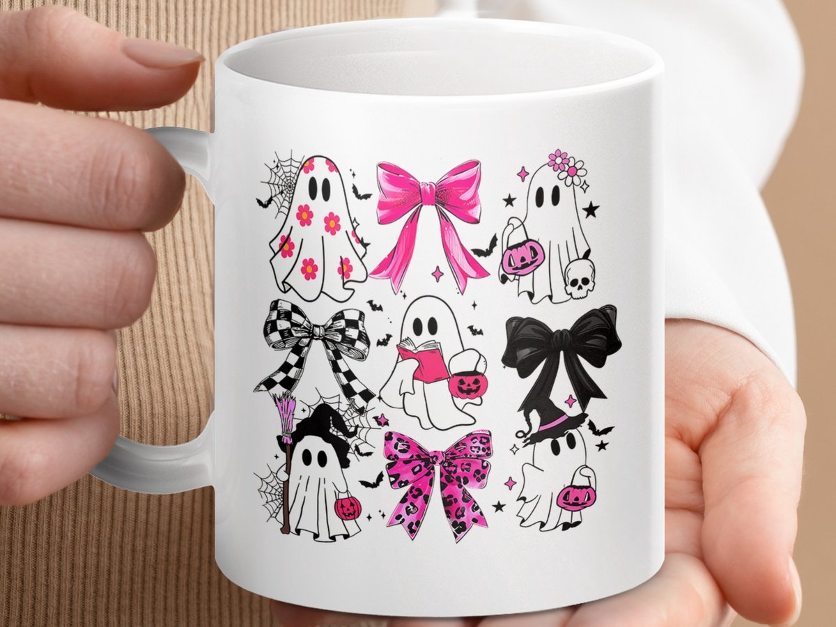 Mok, Halloween Geest Mok, Kawaii Spook, Schattig Halloween, Roze Bows, Witch Geest, Herfst Mok, Kawaii Geest Mok, Cadeau Idee, Feestelijk