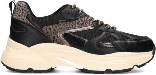 Zwarte sneaker met luipaardprint en beige zool.