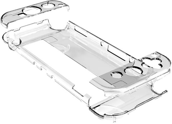 Losse onderdelen van een transparante beschermhoes voor de Nintendo Switch.