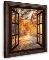 Tuinschilderij voor buiten 70x70 cm - Tuindecoratie Bos - Herfst - Bomen - Bospad - Natuur - Doorkijk - Tuinposter op canvas - Tuin muurdecoratie - Buitenschilderij decoratie - Schutting wanddecoratie - Buitencanvas