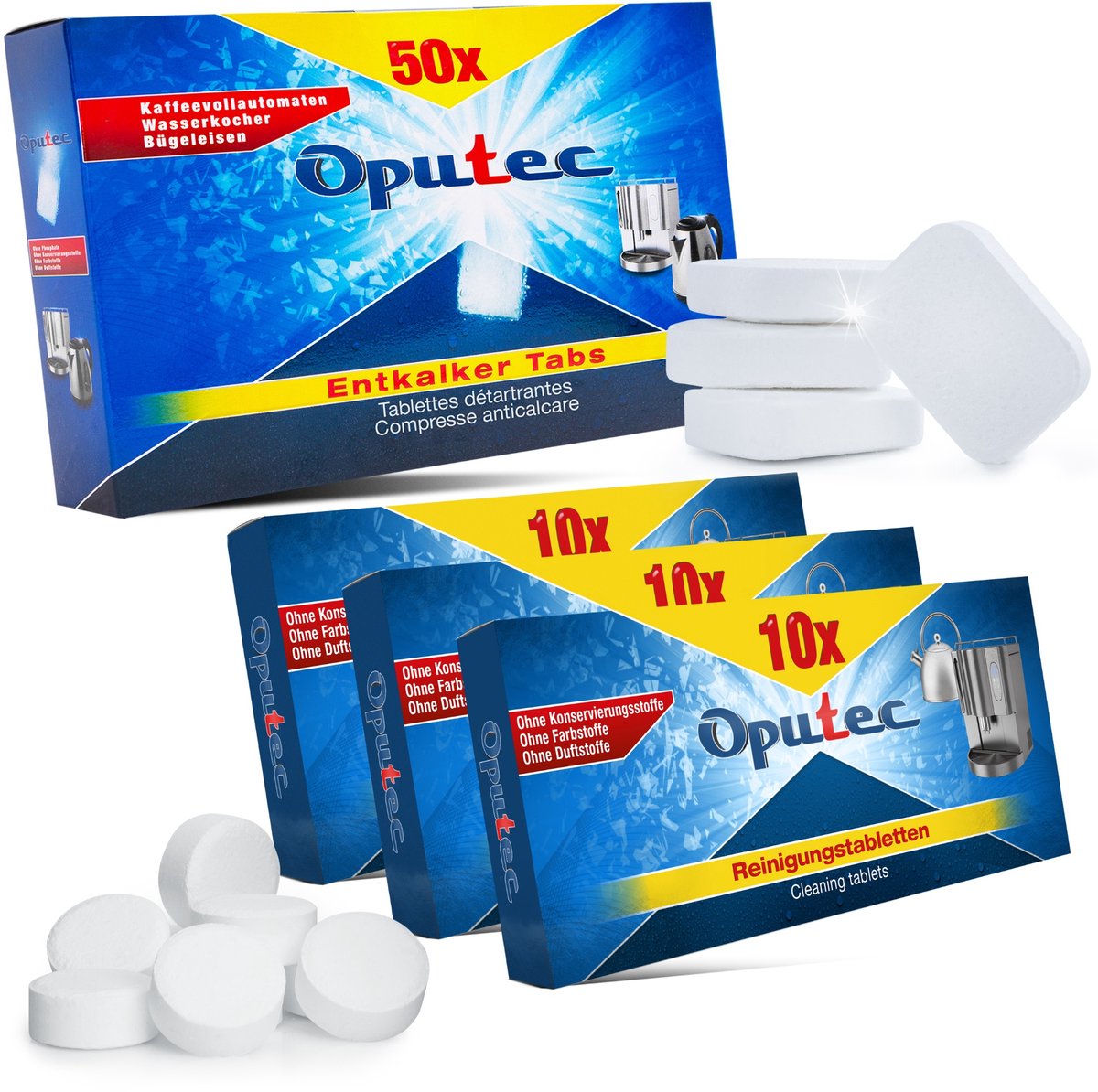 Oputec onderhoudsset – 50 stuks ontkalkingstabletten + 30 stuks reinigingstabletten – koffiemachine & espressomachine – geschikt voor Jura, Siemens, Philips, Miele, Delonghi, Senseo en meer