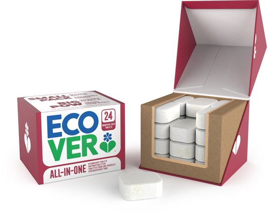 Openstaande doos met Ecover All-in-One vaatwastabletten. Een tablet ligt voor de doos. Kleine en grote verpakking.