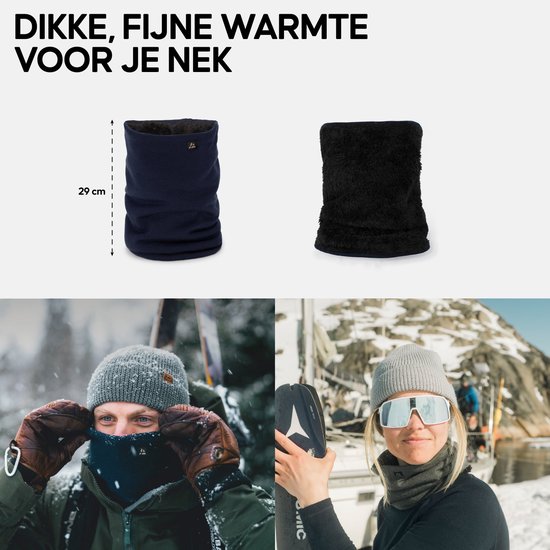 Twee nekwarmers: een donkerblauwe van 29 cm en een zwarte polar fleece, naast winterse taferelen met mannen en vrouwen.
