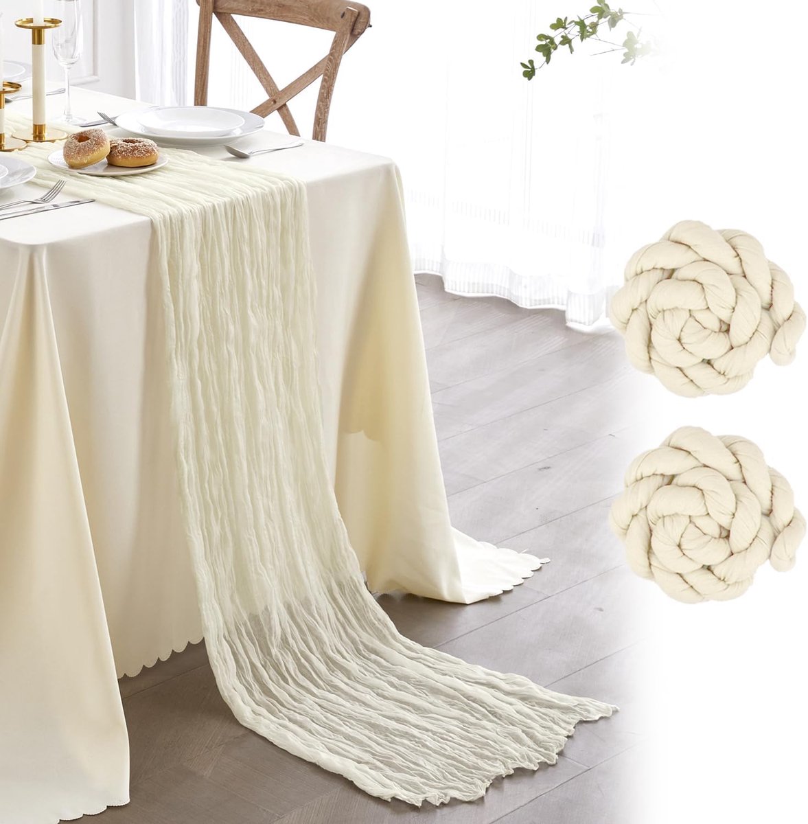 2 Stuks Boho Tafelloper - Van kaasdoek, biologisch katoen en herbruikbaar - Voor rustieke tafeldecoratie - Crème, 90x300 cm