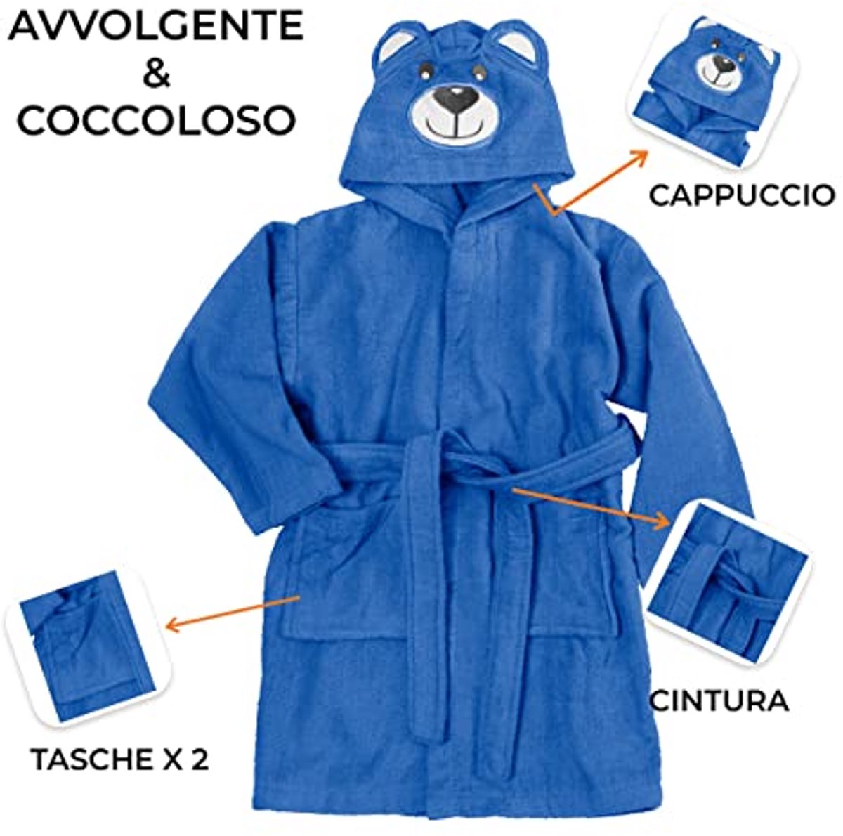Badjas voor jongens en meisjes met capuchon van 100% katoen, Blauw, 4-6 Jaar