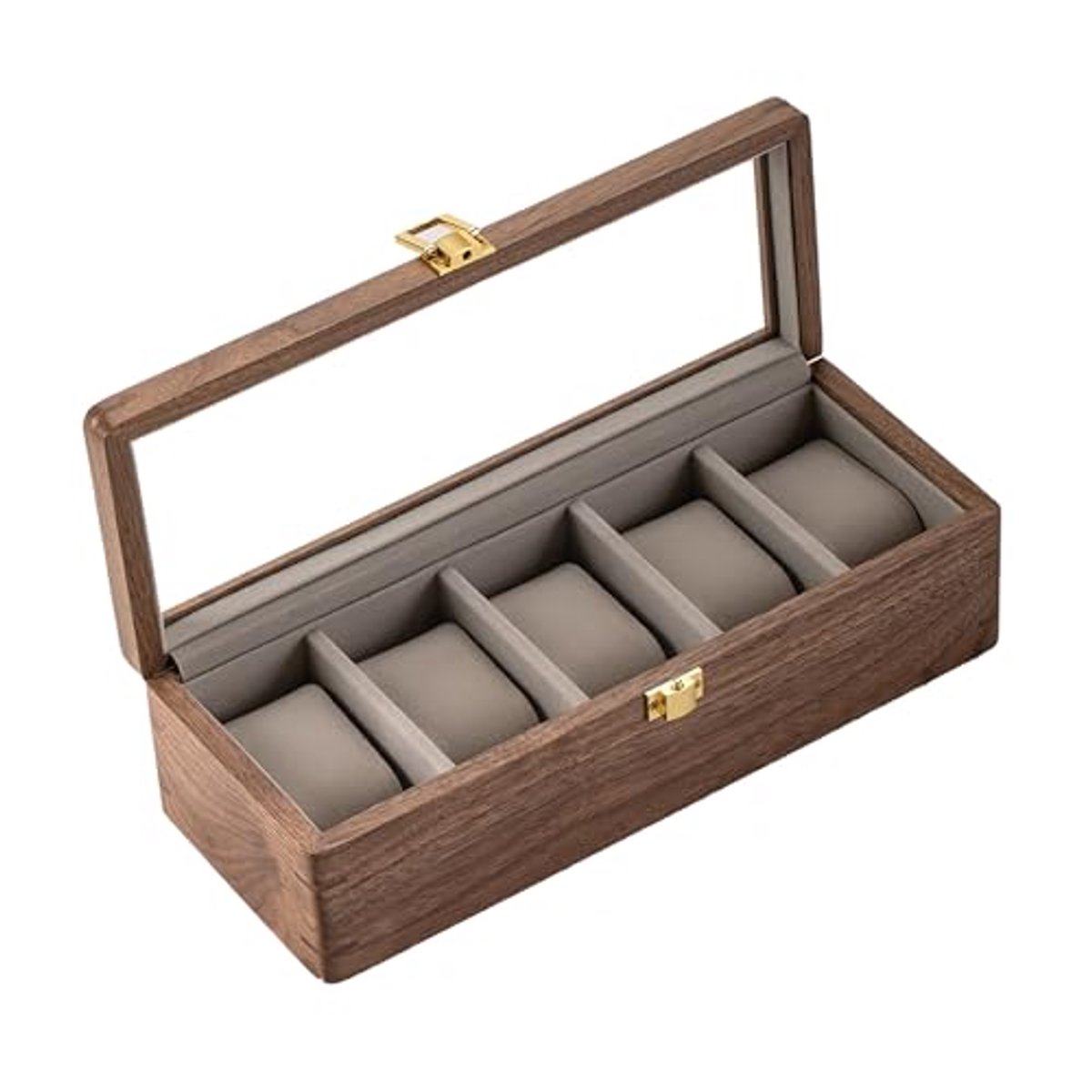 Horloge Display Box voor Mannen - 5 Sleuven Organizer met Glazen Deksel en Verwijderbare Fluwelen Kussen - Perfecte Vaderdag Cadeau