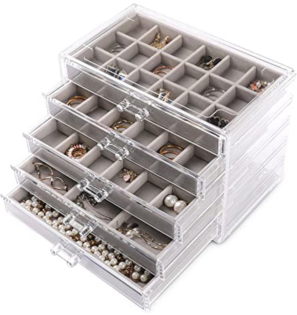 Sieraden Organizer met 5 Lades - Stapelbare Acryl Oorbellenhouder voor Ringen en Armbanden