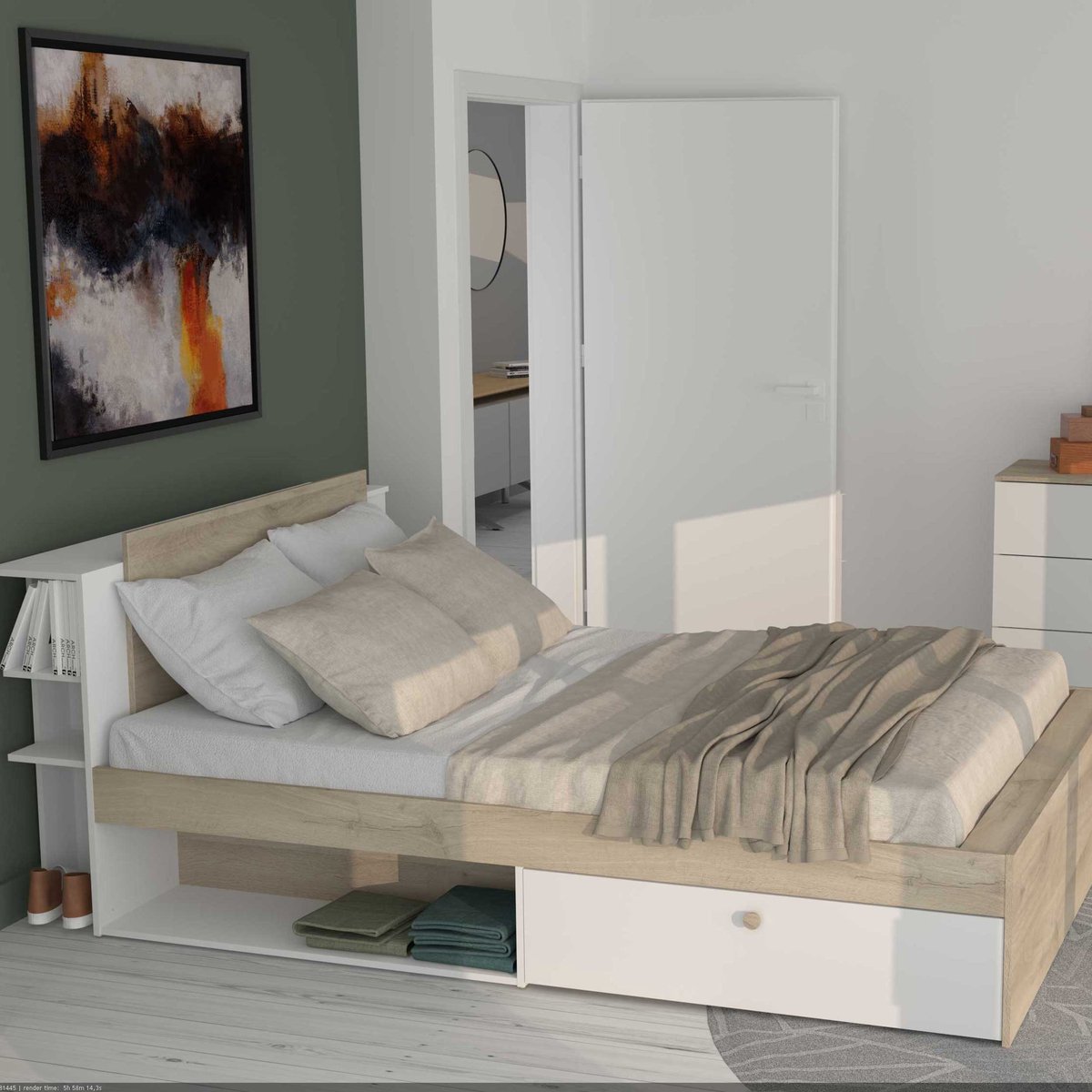 Tweepersoonsbed Liva - 160x200cm - met opbergruimte - wit/eikdecor - CBA - Tweepersoons bedkader - Wit; Bruin - Melamine; Spaanplaat Tweepersoons Normaal bed