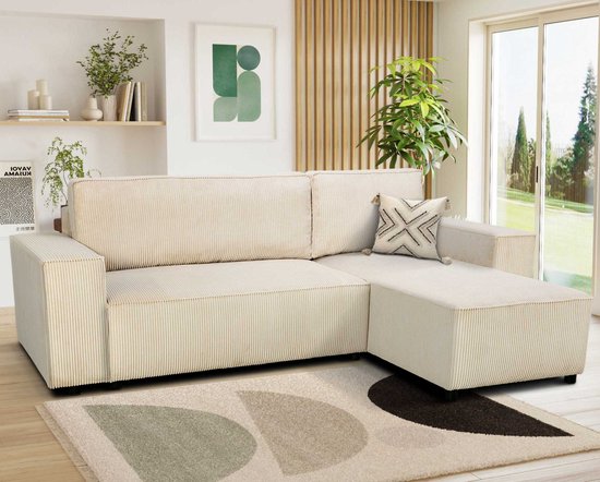 Canapé d'angle Josh à droite - avec espace de rangement - velours côtelé beige