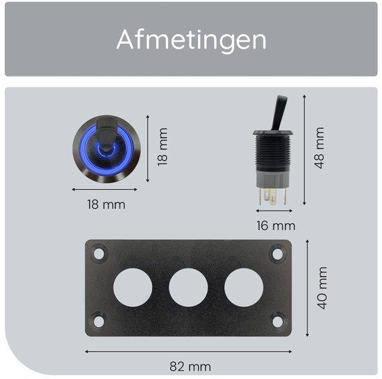 Interrupteur à bascule métallique ProRide 12-24 V, marche/arrêt, triple panneau encastré, 16 mm, voyant LED Blauw