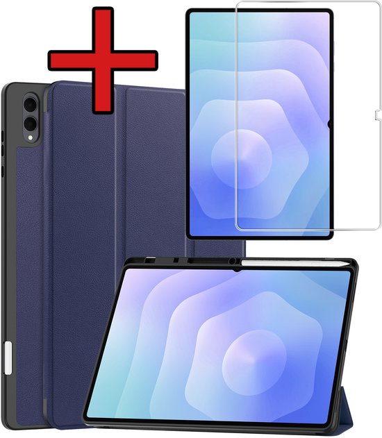 Hoesje - Geschikt voor Samsung Galaxy Tab S11 Ultra - Met Screenprotector - Trifold Bookcase Hoes - Hard Cover Case - Met Uitsparing Geschikt voor S Pen - Hardcover Book - Tablethoes - Donkerblauw