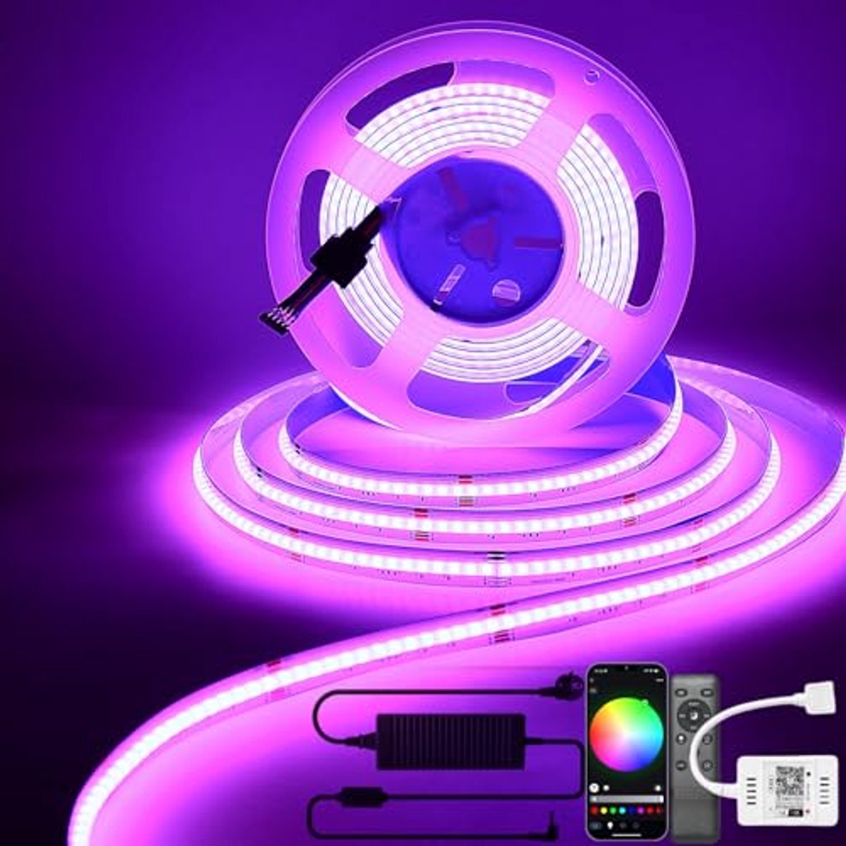INDARUN COB Ledstrip, 10 m, 576 leds, RGB, wifi, ledstrip, 24 V, 5 A, app en afstandsbediening, compatibel met Alexa en Google Home, decoratie voor huis, keuken, televisie, feest