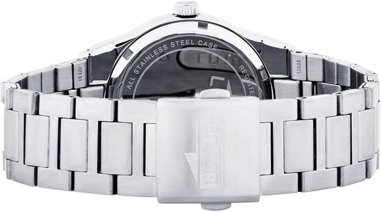 Arrière d'une montre Lotus argentée pour homme avec bracelet en métal et logo sur le fermoir.