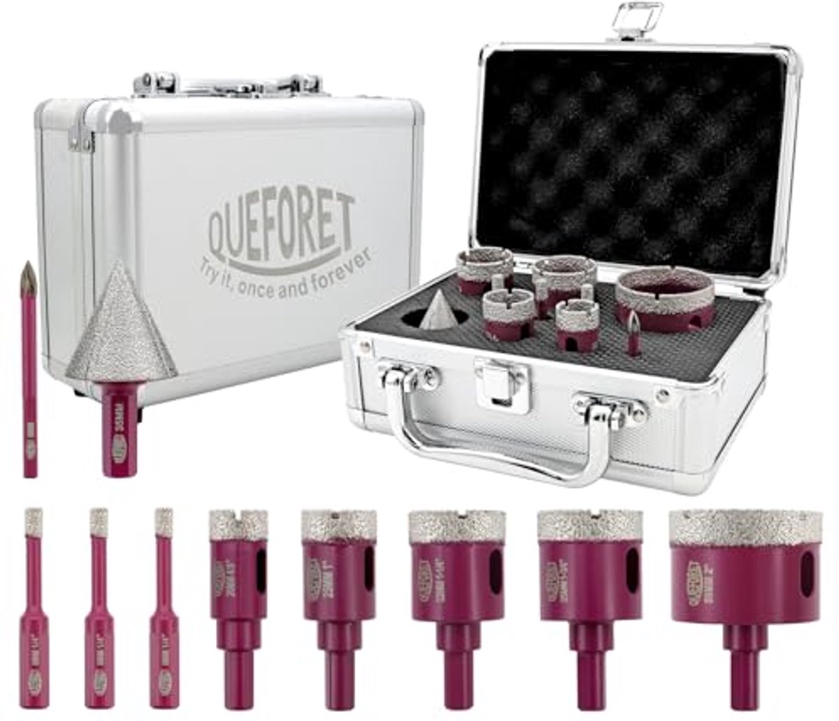 QUEFORET Diamantboorset 10 stuks - 8 stuks 6/6/6/20/25/32/35/50mm droge gatenzaag, 1 stuk 6 mm hardmetalen boor, 1 stuk 35 mm afgeschuinde afschuining voor keramische porseleinen tegels marmer graniet