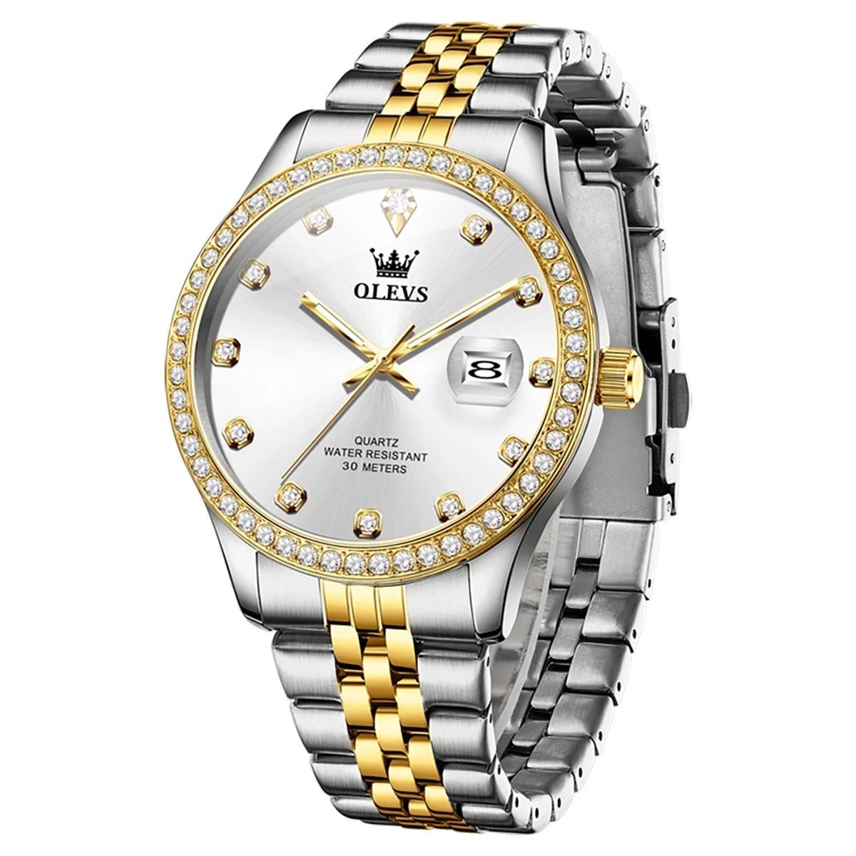 HO-3629.gz : Olevs goud-zilverkl edelstaal quartz horloge, diamantzirkonia