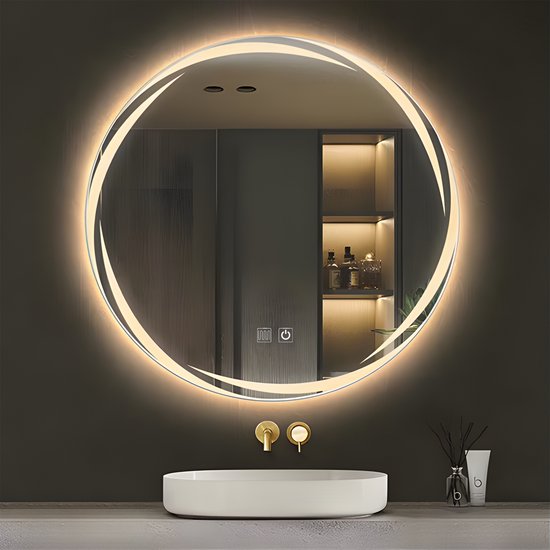 Moderne ronde spiegel met uniek LED-verlichtingsontwerp boven een wastafel