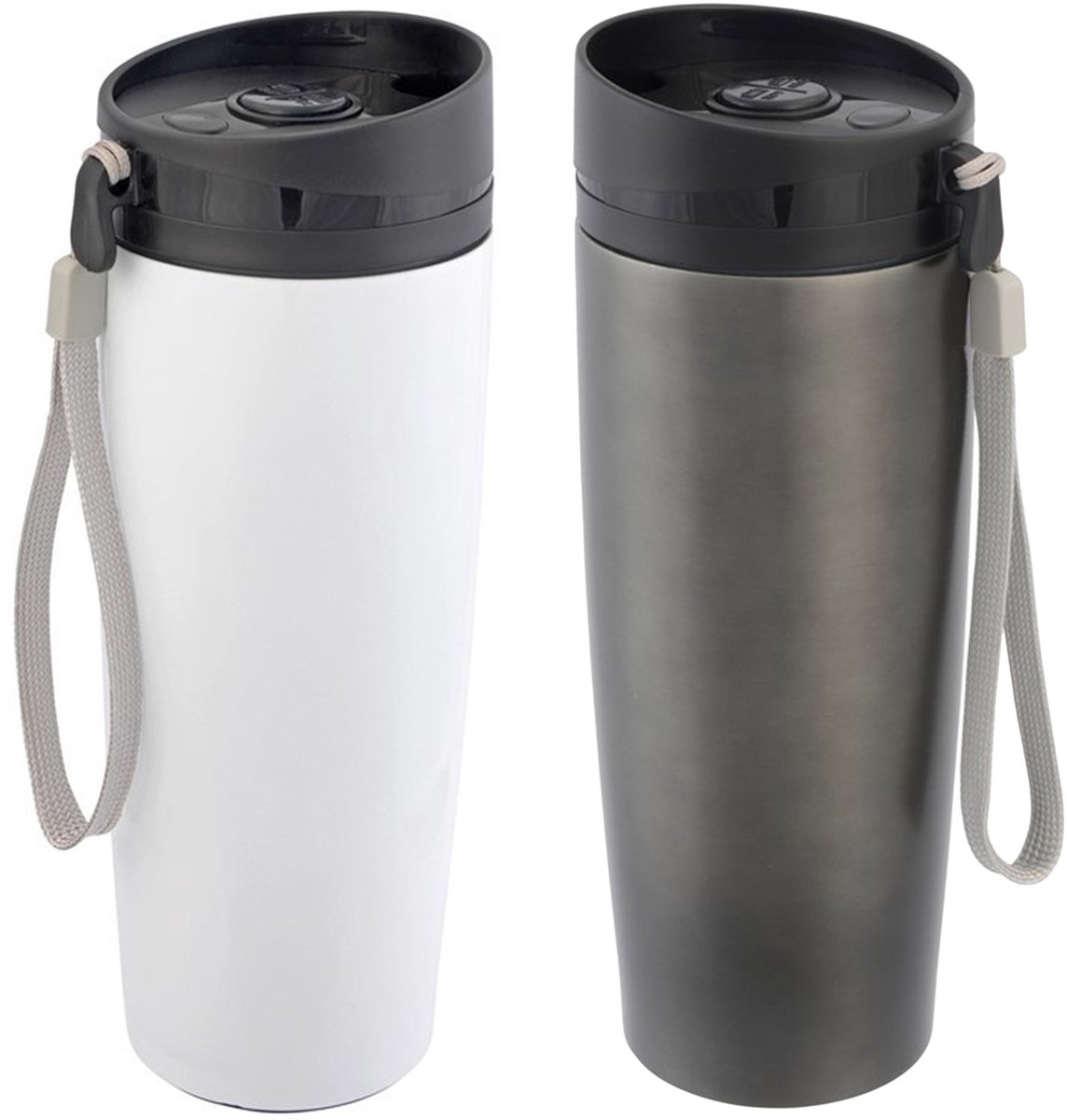 Cuisine Elegance Thermosbekers - warmhoud drinkbekers - 2x stuks - wit en grijs - 380 ml - Isolerende drinkbekers - warme dranken - reisbekers