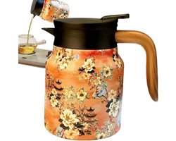 Thermoskan - 1 liter - roestvrij staal - Quick Press-sluiting - dicht 12 uur warm 24 uur koud - houten handvat - oranje en groen - 1000 ml - 1 stuk(oranje)