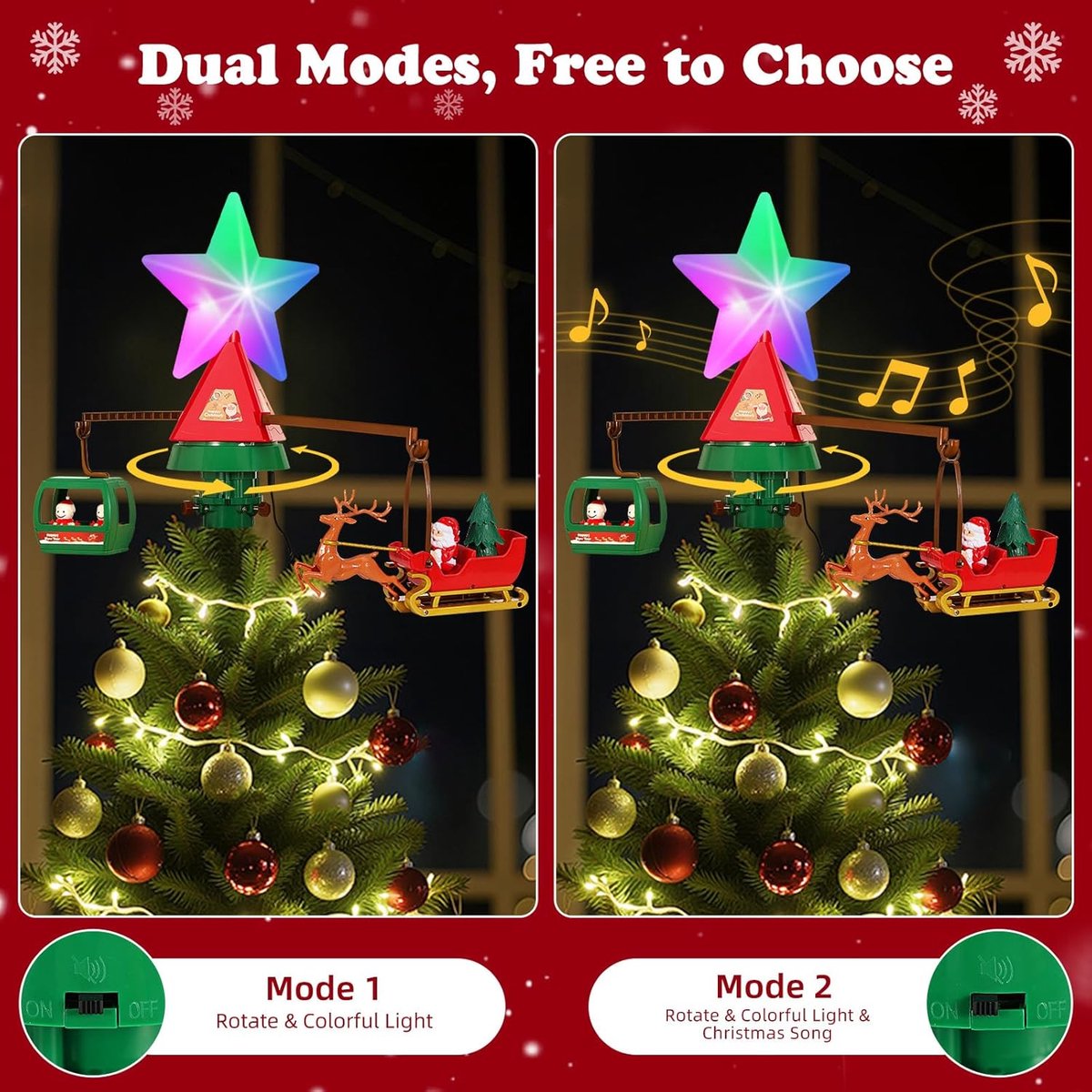 Kerstboomversiering-Kerstboom piek-Kerstboom piek met verlichting-draaiende kerstboomtopper-Veelkleurige lichtgevende kerstster met muziek - geschikt voor kerstboomversiering – foto 3