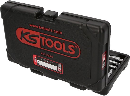 Gesloten zwarte koffer van KS Tools met het rode logo en de tekst 'Evolution Series'. De koffer bevat een 48-delige dopsleutelset.