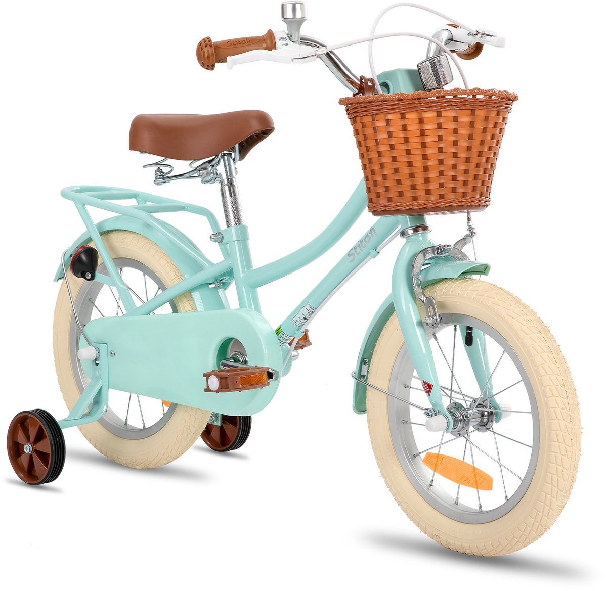 Stitch Manchi Meisjesfiets - 14 Inch - Zijwieltjes - Bell - Handrem - Voor V-Brake en Achter Trommelrem - Groen - Geschikt voor buitenactiviteiten in de lente