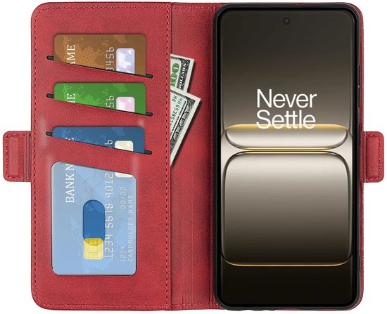 Rode wallet book case met drie pasvakjes en een vak voor bankbiljetten, met telefoon.