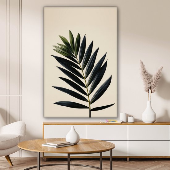 Canvas schilderij 80x120 cm - Wanddecoratie Palmblad - Donkere bladen - Subtiel - Muurdecoratie woonkamer - Slaapkamer decoratie - Kamer accessoires - Schilderijen op canvas