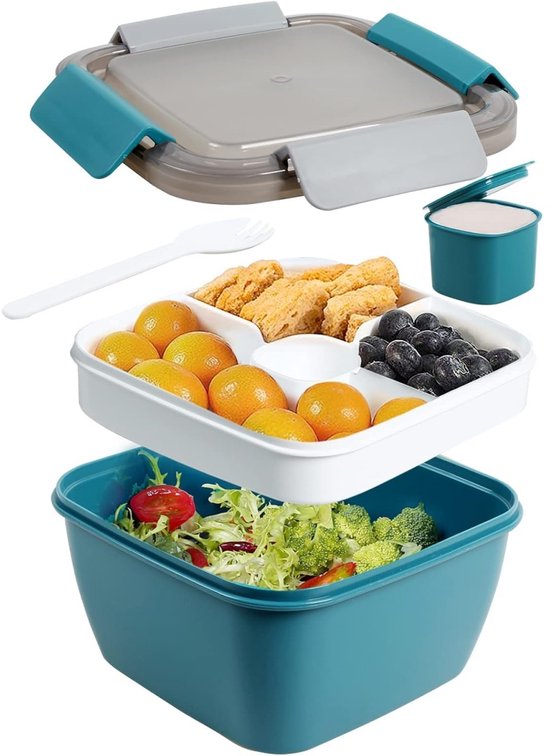 EXCITAT Saladebox - met 3 compartimenten - Lekvrij - Lunchbox - 1500 ml - voor school, werk, picknick, reizen, kamperen, sportschool - Blauw