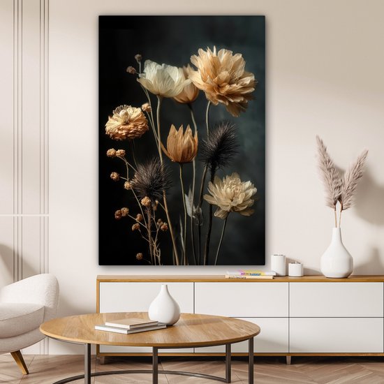 Tableau sur toile 80x120 cm - Décoration murale Bouquet - Fleurs - Lumière - Zwart - Décoration murale salon - Décoration chambre - Accessoires chambre - Peintures sur toile