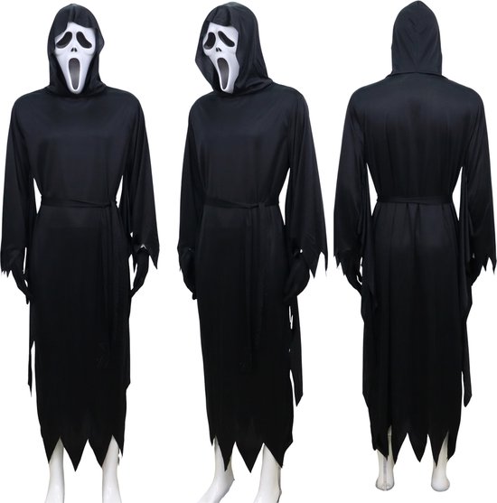 Een mannequin toont een zwart gewaad en masker, van voren, opzij en van achteren.