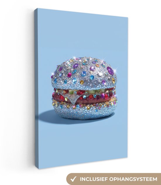 Canvas schilderij 80x120 cm - Exclusieve wanddecoratie Glitters - Hamburger - Blauw - Muurdecoratie accessoires - Keuken decoratie muur - Schilderijen op canvas