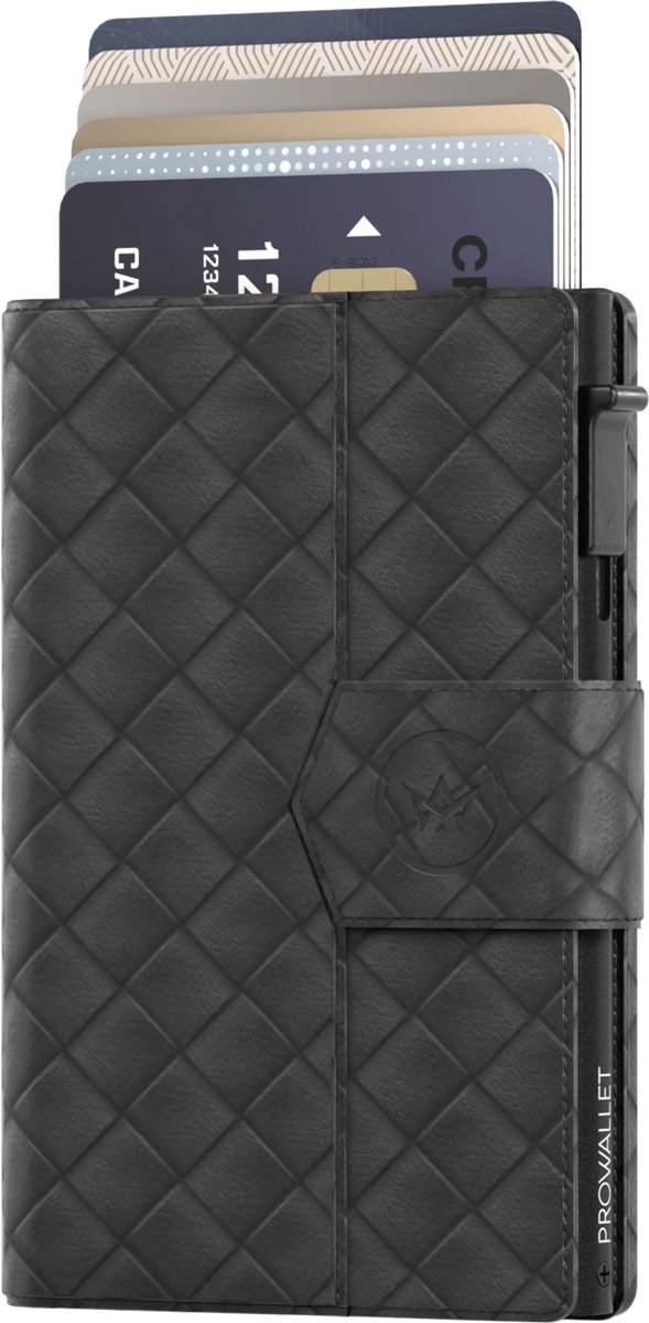 Prowallet Plus - Woven Zwart - Pasjeshouder voor 8 pasjes, briefgeld en muntgeld - Uitschuifbaar - RFID Creditcardhouder - Kaarthouder Portemonnee, Premium Pashouder voor Vrouwen - Aluminium, Kunstleer - Incl. Luxe Cadeaubox