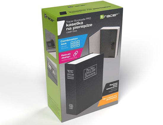 Verpakking van een Tracer "BookSafe Pro" boekkluis met afbeeldingen van het product en functies.