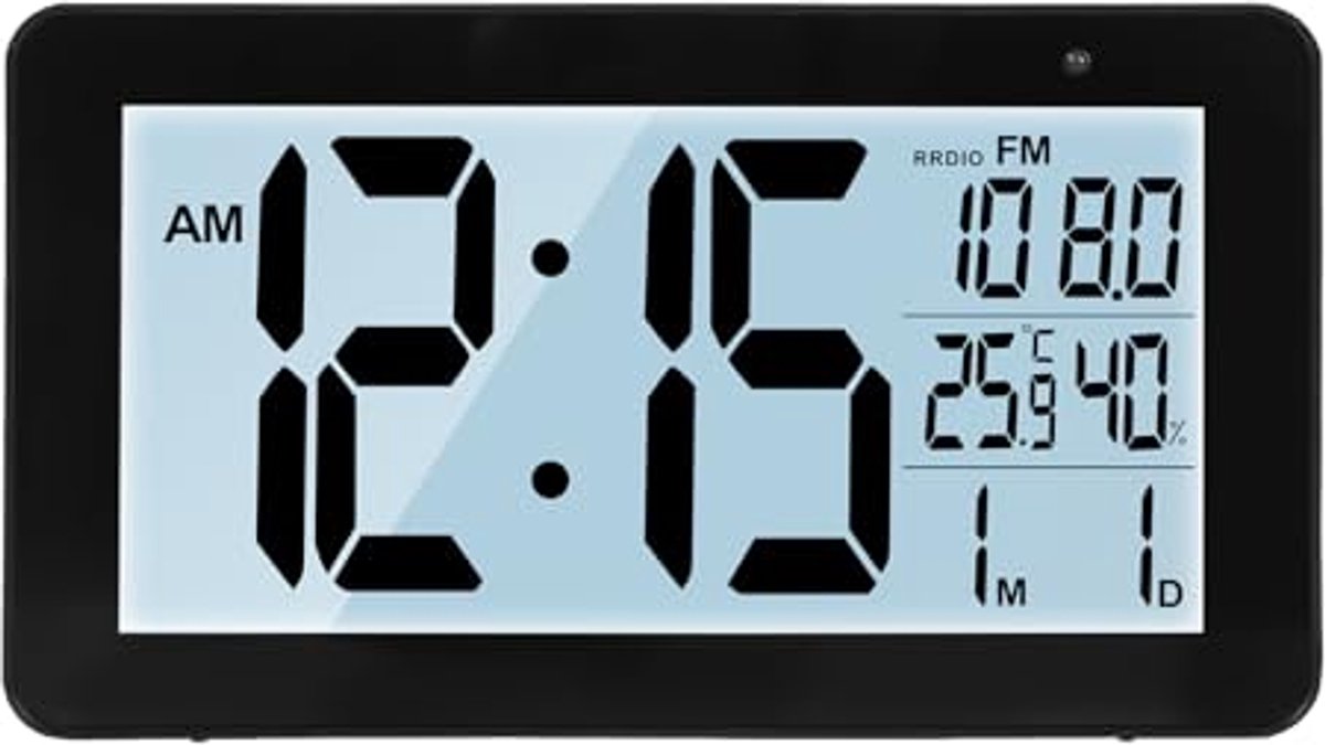 Digitale klokradio met achtergrondverlichting, temperatuur en vochtigheid, 2 alarmen en snooze functie