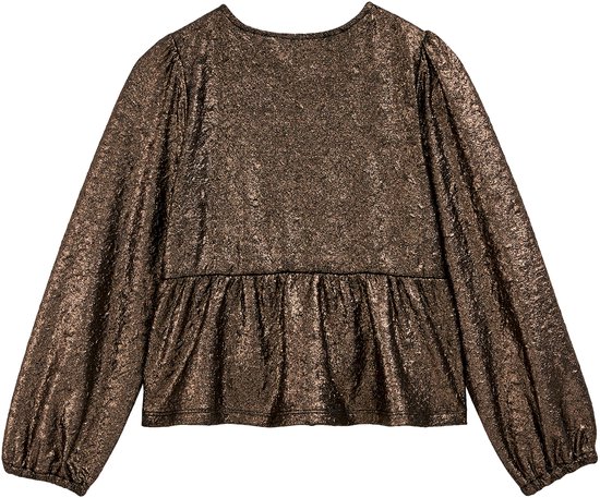Achterkant van bruin metallic peplum T-shirt met pofmouwen.