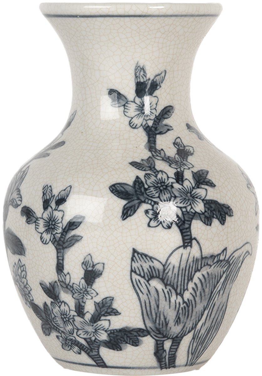Clayre & Eef Vaas Ø 10x16 cm Wit Blauw Keramiek Bloemen