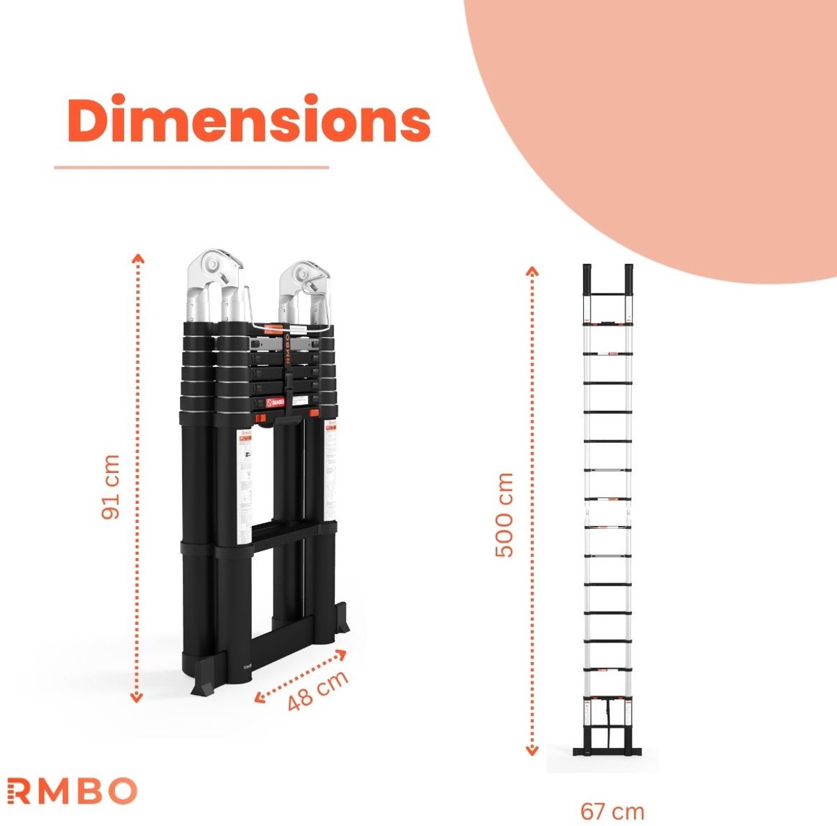 RMBO - Multifunctionele Telescopische Ladder 5 m- Telescoopladder - 5m lang, Compact en Draagbaar met Soft Closing Systeem - Geschikt voor Particulier en Professioneel Gebruik - Telescopische Vouwladder- Max. Belasting 150 kg, EN 131.6 – foto 8