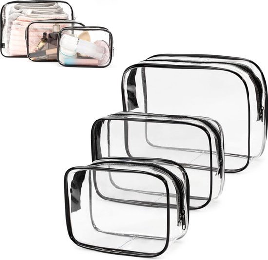 Reis Doorzichtige Toilettas Set - 3 Stuks - Reistas Voor Toiletartikelen - Make Up Tas - Make-Up Tasjes - Transparante Packing Cubes Koffer Organizer - Cosmetica Tas - Waterdicht - Zwart/Transparant