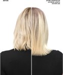 Voor en na foto van blond haar, behandeld met Redken Extreme Length. Links: golvend haar. Rechts: langer, steiler haar.