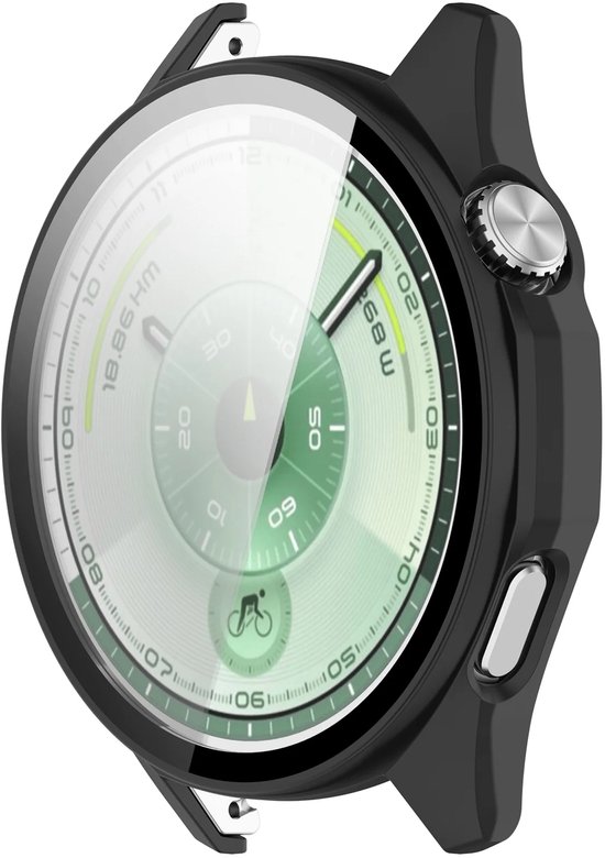 Zwarte smartwatch case om een horloge met groen display.