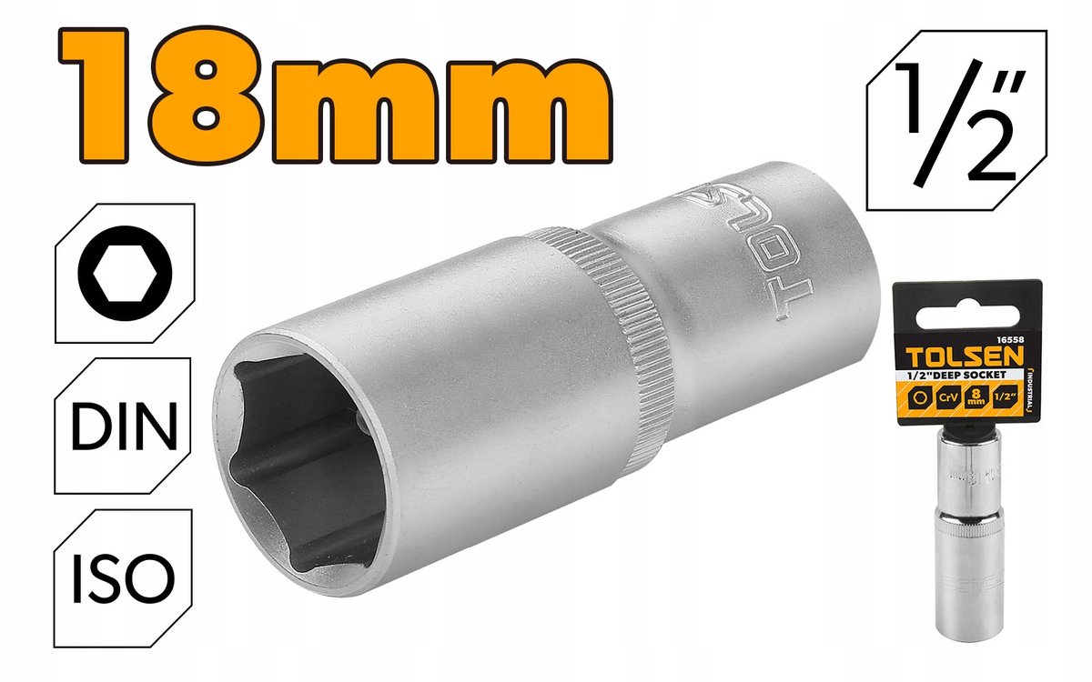 Tolsen Lange Dop 18 mm 1/2" Cr-V-staal 6-kant