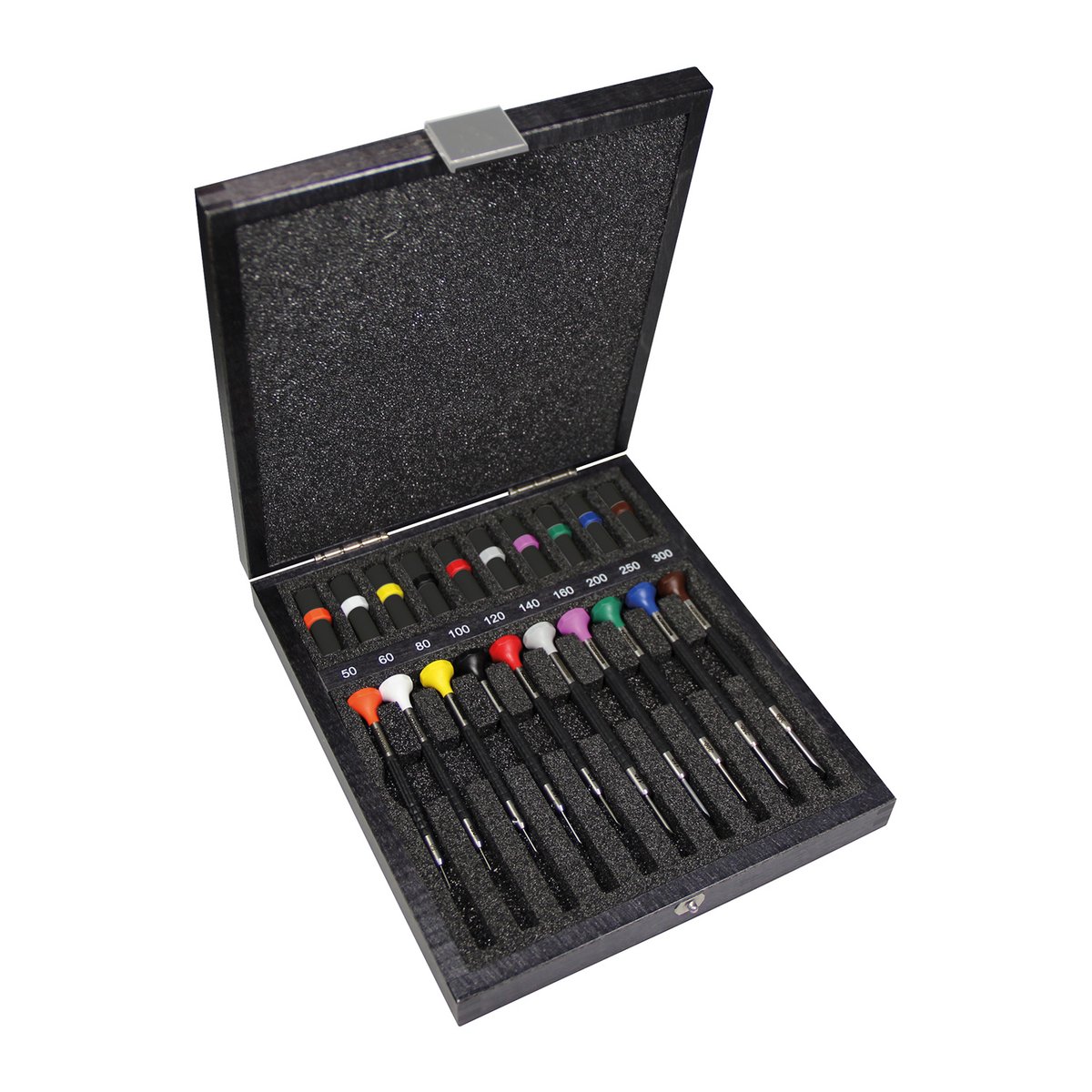 Bergeon 6899-A10 Schroevendraaierassortiment, 10 schroevendraaiers, 0,50 tot 3 mm, in een houten koffer met 10 kleurgecodeerde buisjes, elk met 2 reservemesjes