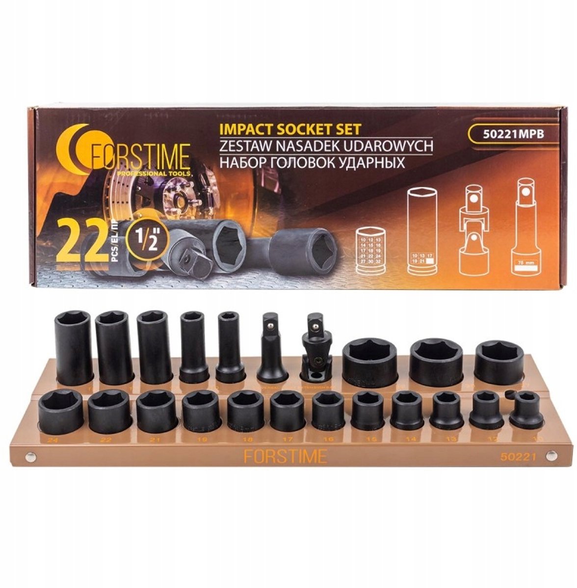 22-delige slagdoppenset 1/2" zeskant CR-MO - FORSTIME