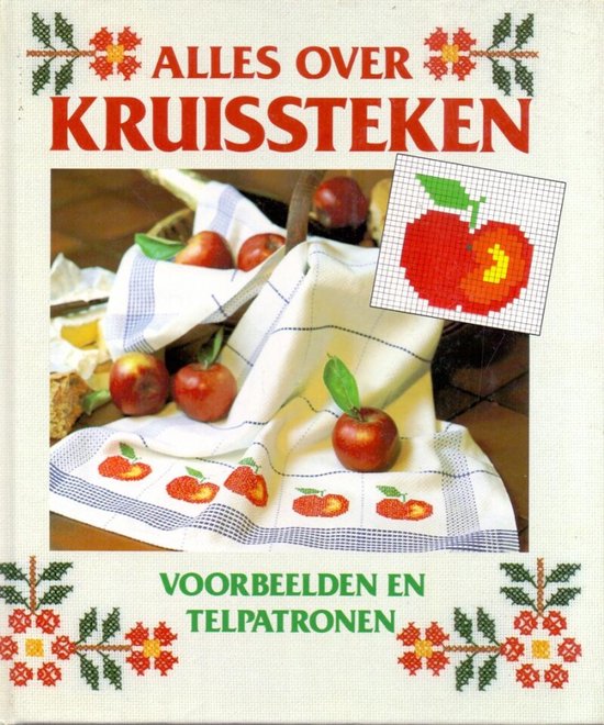 Boekomslag: Alles over kruissteken, met rode appels op een geborduurd handdoekje en een pixelafbeelding van een appel.