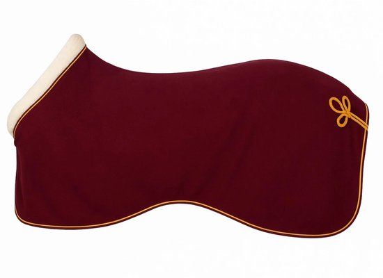 Bordeauxrode fleecedeken voor paarden met gele bies en decoratieve strik.