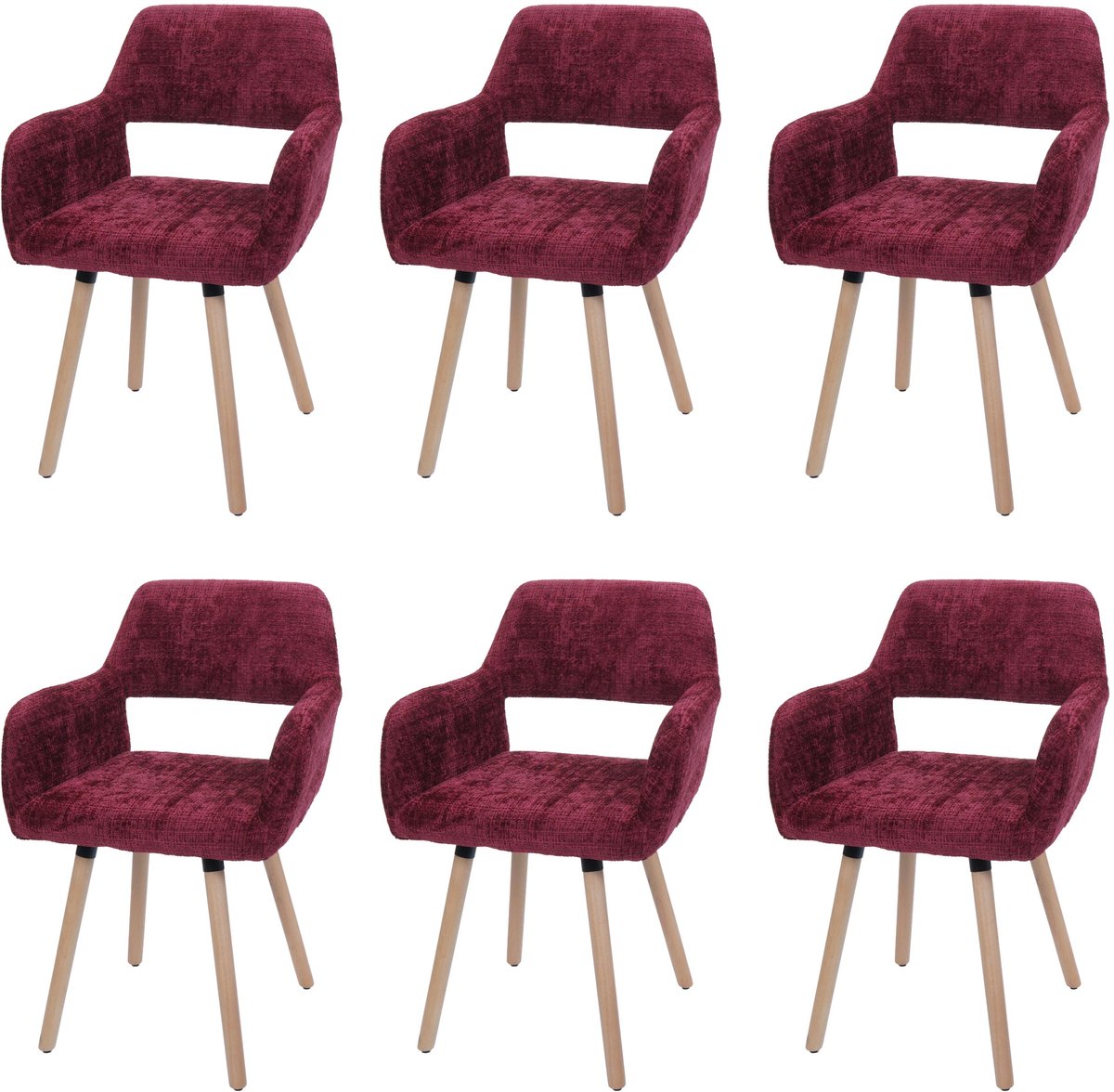 MCW Set van 6 eetkamerstoelen MCW-A50 II, keukenstoel, gestoffeerde stoel, hout, stof/textiel, chenille (465 g/m²) MVG ~ bordeaux